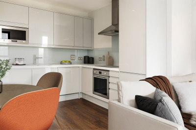 Kitchen area at an Orchard Wharf apartment, computer generated image intended for illustrative purposes only, ©Galliard Homes. Kitchen area at an Orchard Wharf apartment, computer generated image intended for illustrative purposes only, ©Galliard Homes.