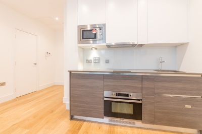 Kitchen area in a Galliard Homes studio apartment, ©Galliard Homes. Kitchen area in a Galliard Homes studio apartment, ©Galliard Homes.