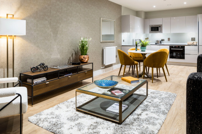 Open-plan kitchen, living and dining area at a Wimbledon Grounds apartment, ©Galliard Homes