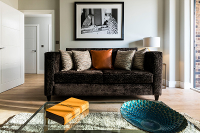 Living area at a Wimbledon Grounds apartment, ©Galliard Homes.
