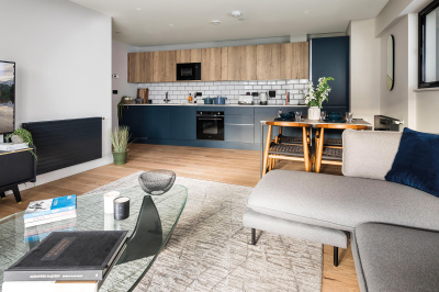 Kitchen and living area at a Galliard Homes apartment, ©Galliard Homes. Kitchen and living area at a Galliard Homes apartment, ©Galliard Homes.