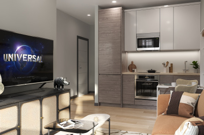 Kitchen and living area in a Newacre House apartment, computer generated image intended for illustrative use only, ©Galliard Homes. Kitchen and living area in a Newacre House apartment, computer generated image intended for illustrative use only, ©Galliard Homes.