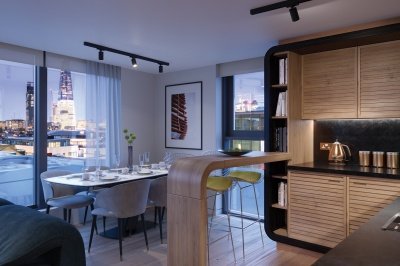 Open-plan kitchen, living and dining area at Tower Bridge Road; computer generated image intended for illustrative purposes only, ©Acorn Property Group. Open-plan kitchen, living and dining area at Tower Bridge Road; computer generated image intended for illustrative purposes only, ©Acorn Property Group.
