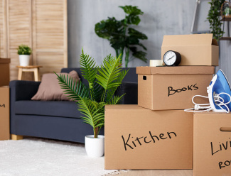 Moving boxes in a new home