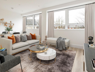 Living area in a Newacre House apartment, © Galliard Homes.